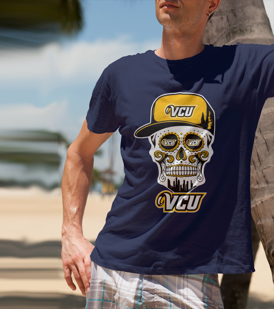 Vcu Rams Dia De Los Muertos Skull With Iconic Cap And Skyline T-Shirt