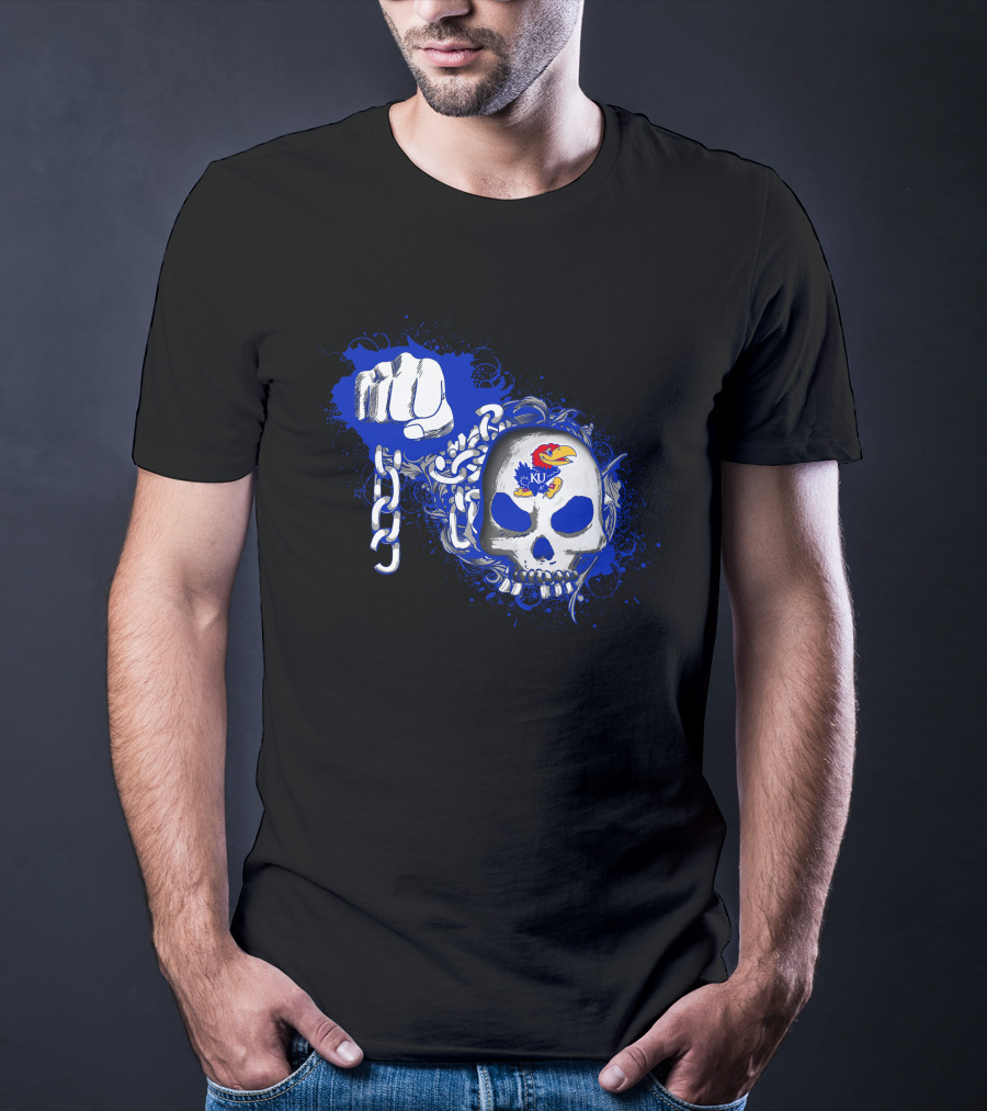 Kansas Jayhawks Skull With Chains And Bold Fist T-Shirt