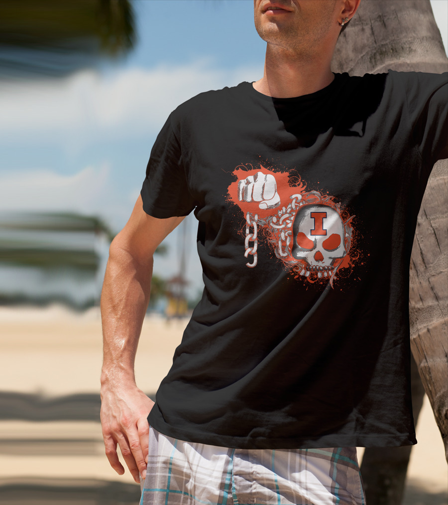 Illinois Fighting Illini Skull And Fist Design With Orange I T-Shirt
