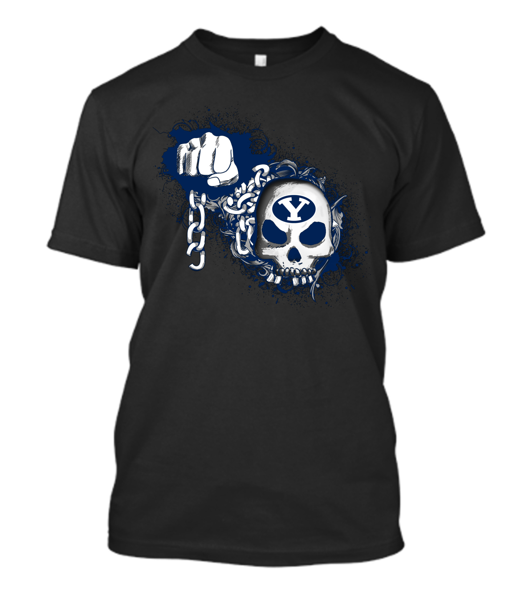 Byu Cougars Skull And Chain With Fist And Blue Accents T-Shirt