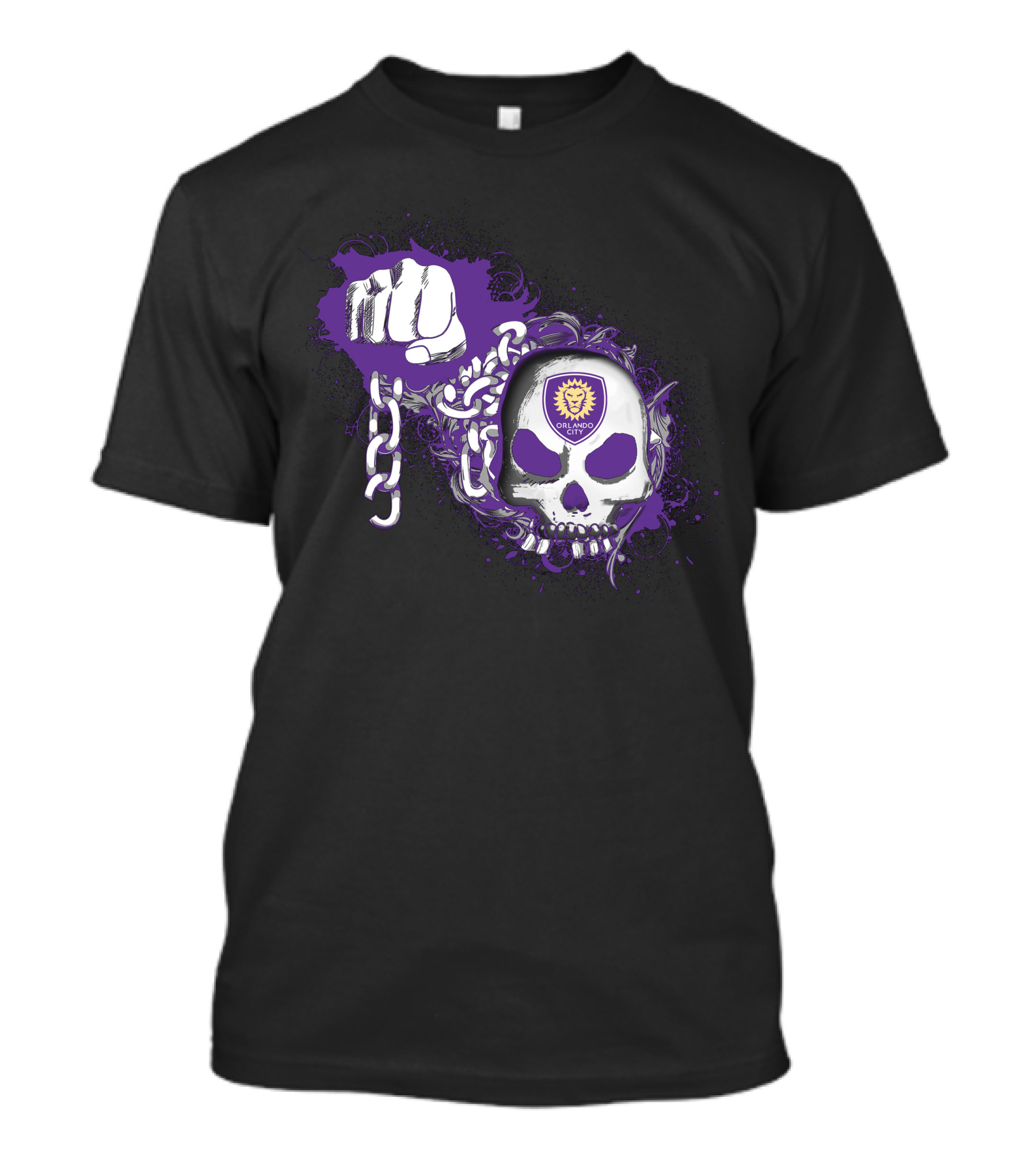 Orlando City Sc Skull Emblem With Purple Fist And Chains T-Shirt