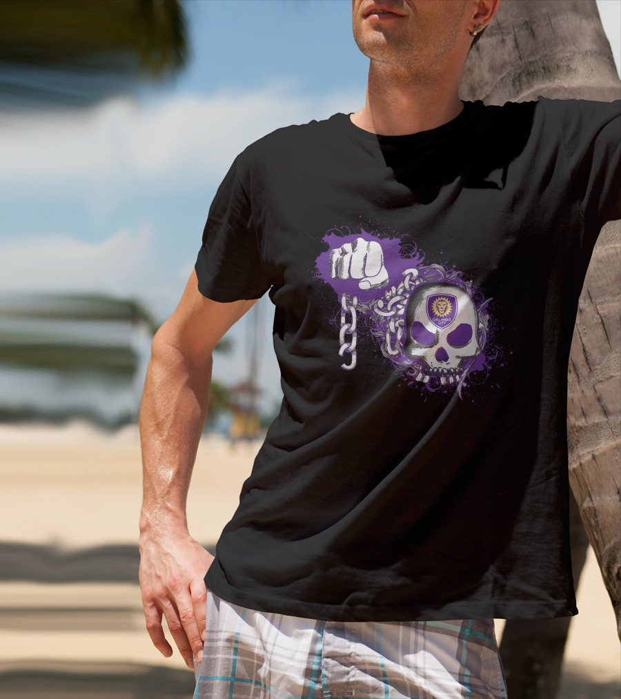 Orlando City Sc Skull Emblem With Purple Fist And Chains T-Shirt