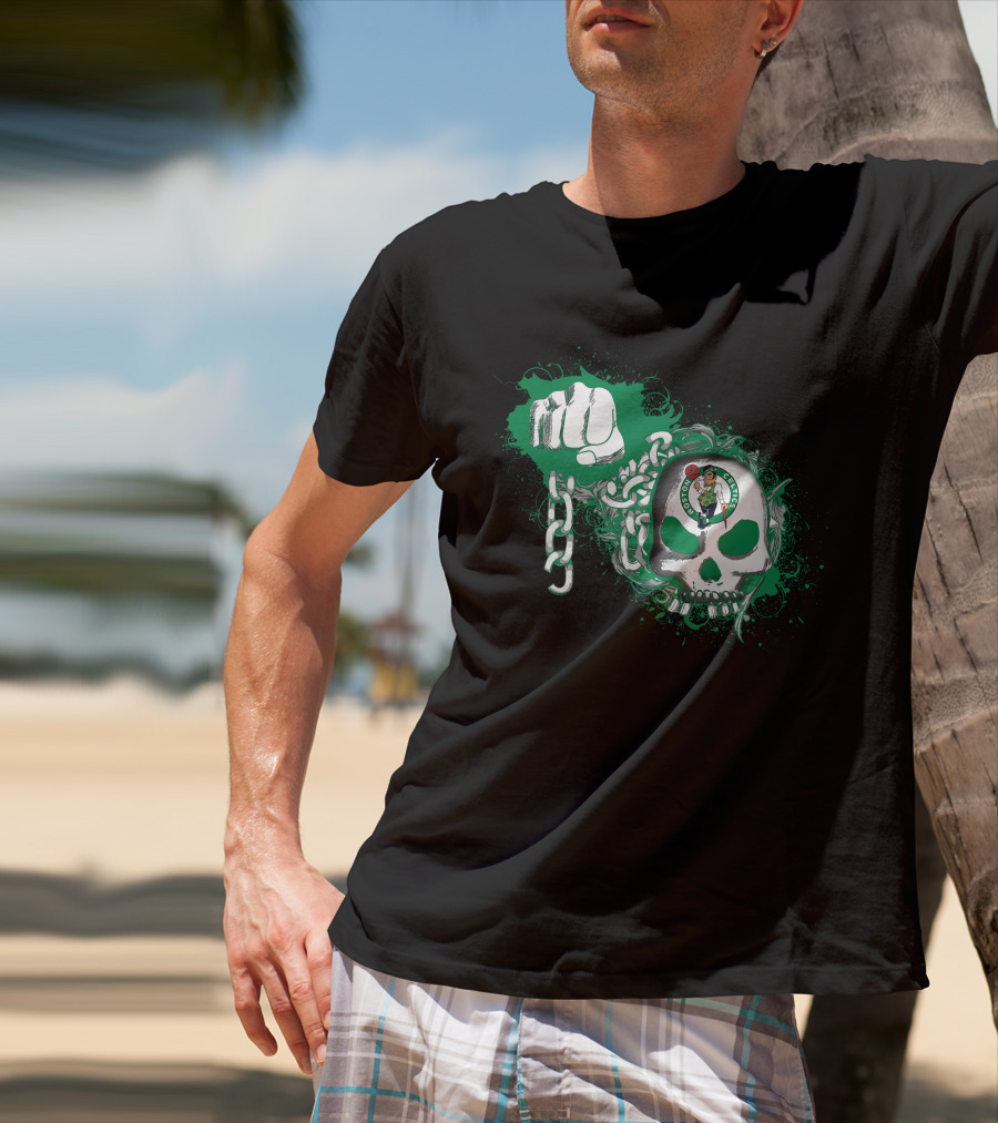 Boston Celtics Skull With Fist And Chain Motif T-Shirt