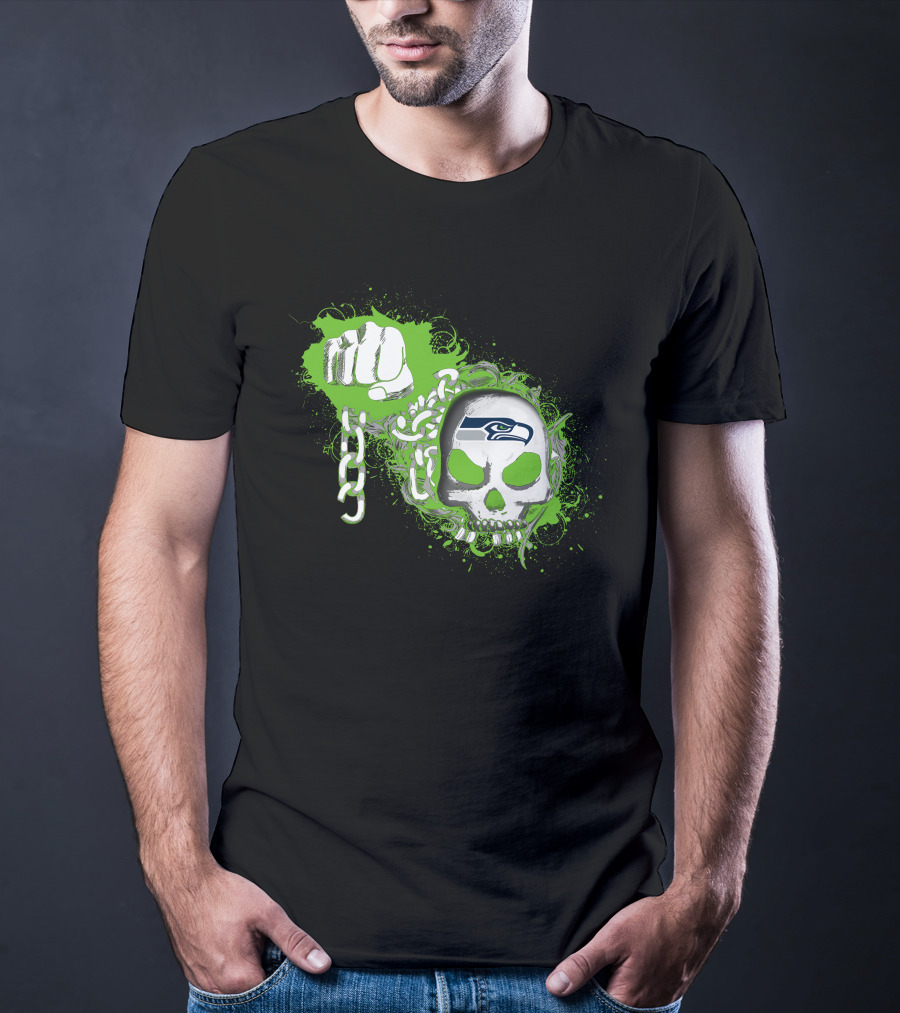 Seattle Seahawks Skull With Green Splatter And Chain Fist T-Shirt
