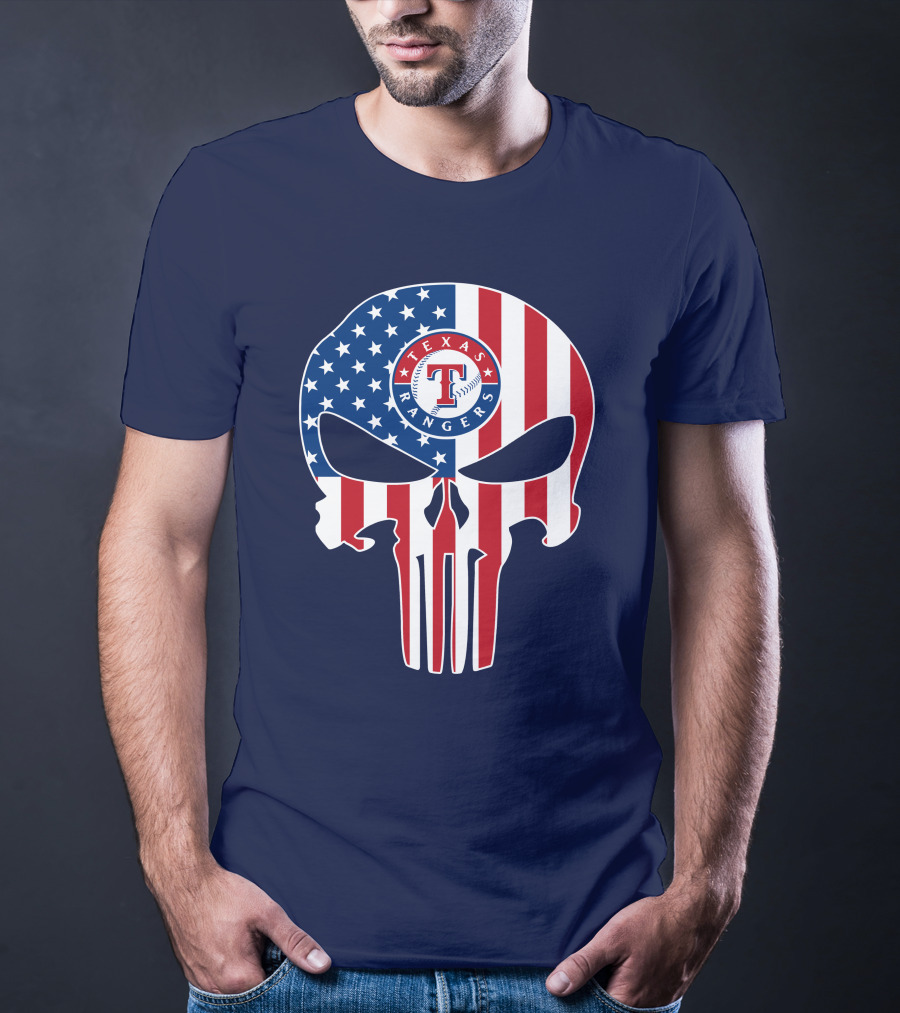 Texas Rangers Punisher Skull American Flag T-Shirt
