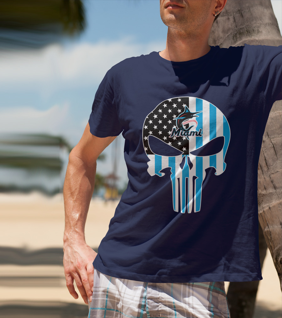 Miami Marlins Punisher Skull American Flag Fusion T-Shirt