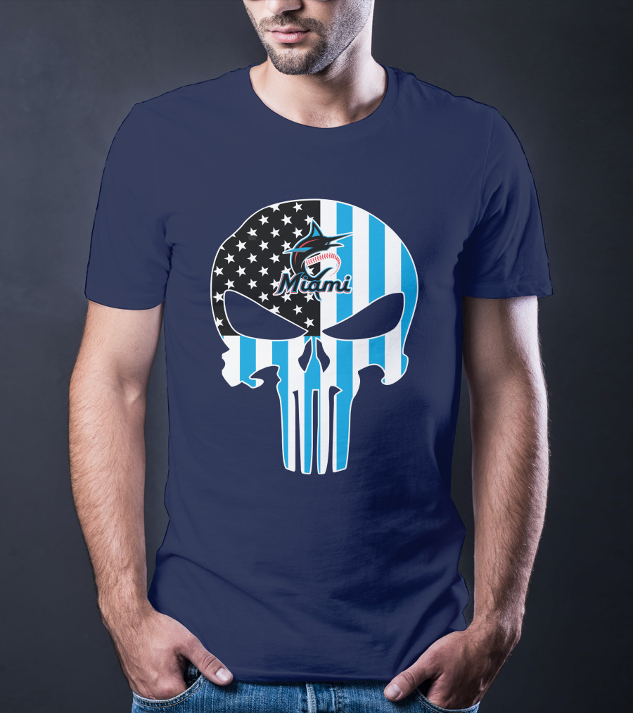 Miami Marlins Punisher Skull American Flag Fusion T-Shirt