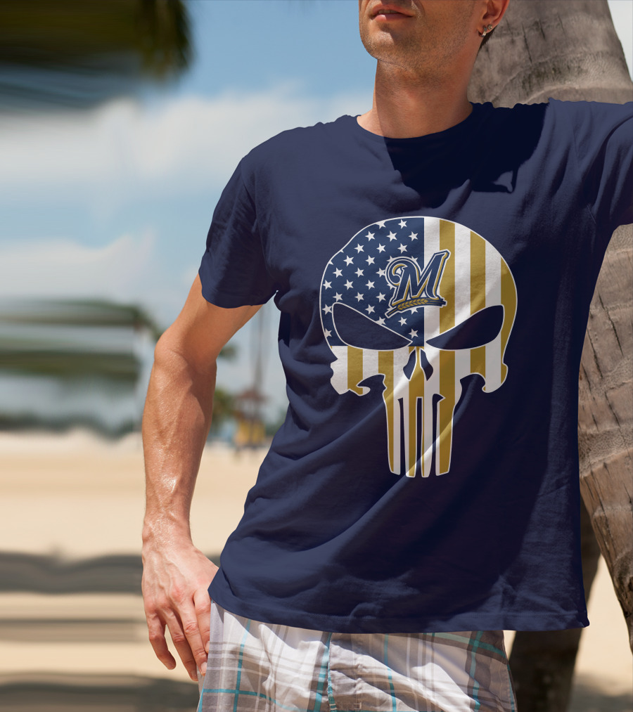 Milwaukee Brewers Punisher Skull American Flag T-Shirt