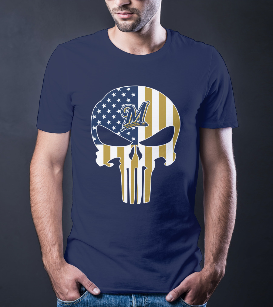 Milwaukee Brewers Punisher Skull American Flag T-Shirt