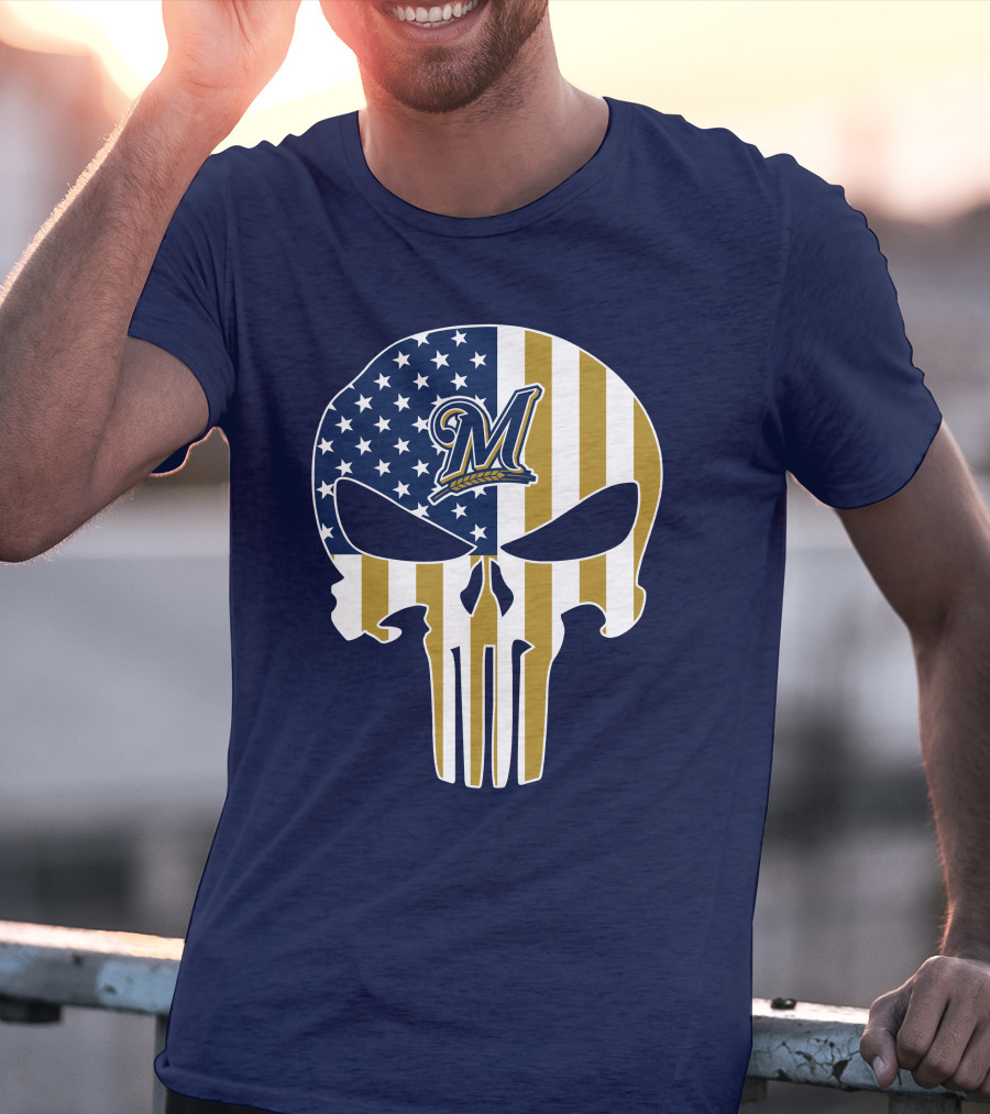 Milwaukee Brewers Punisher Skull American Flag T-Shirt