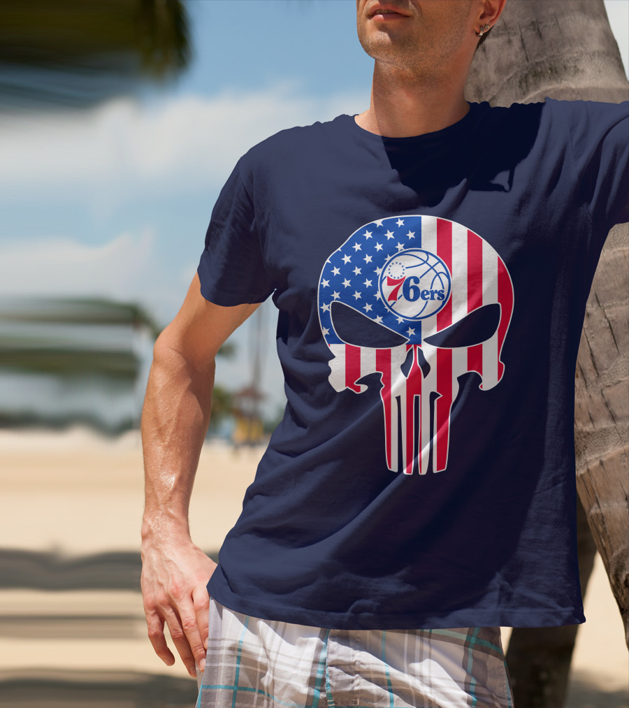Philadelphia 76ers American Flag Punisher Style Skull T-Shirt