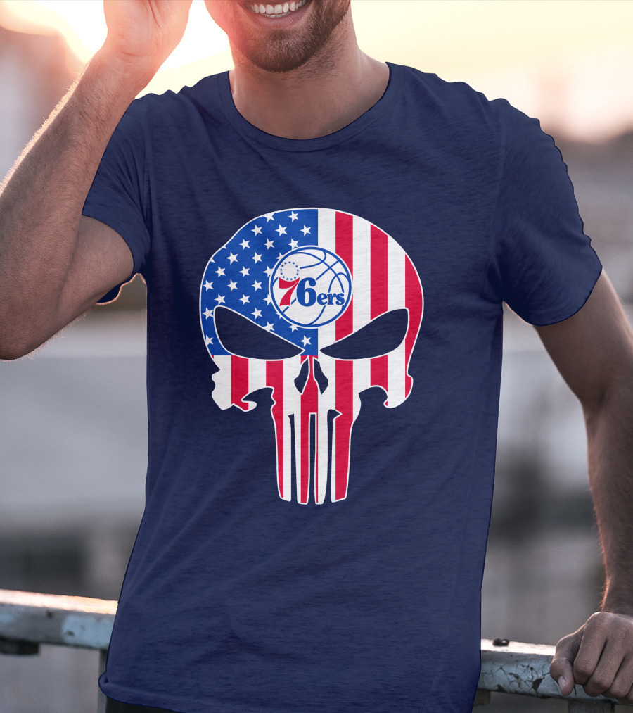 Philadelphia 76ers American Flag Punisher Style Skull T-Shirt