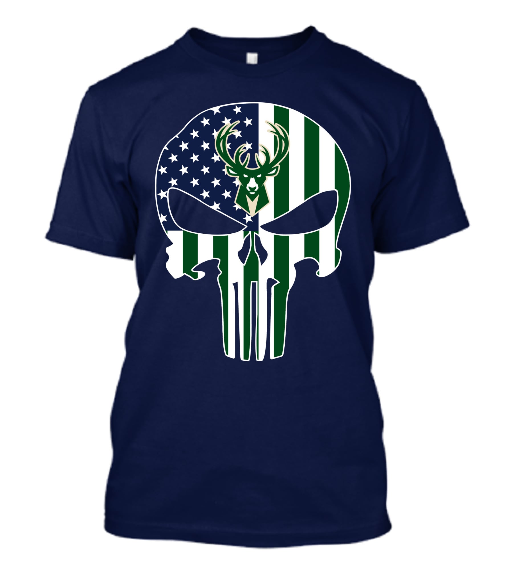 Milwaukee Bucks Punisher Skull American Flag Deer T-Shirt