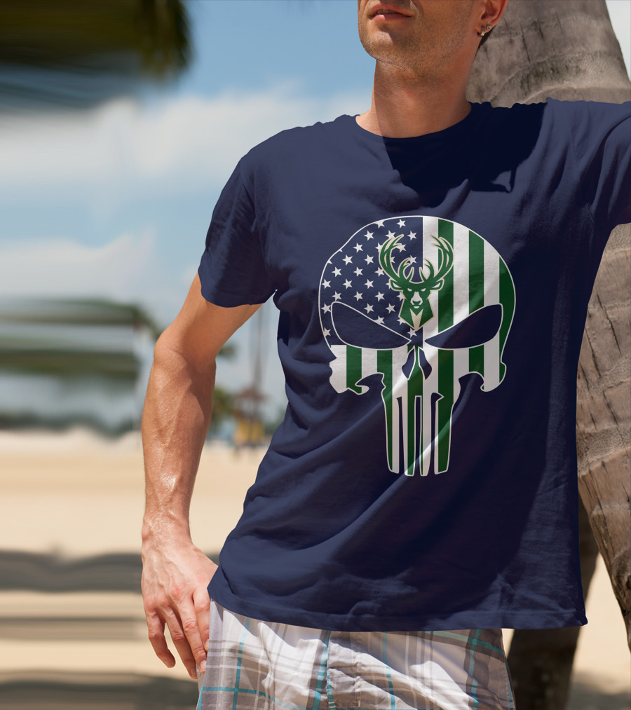 Milwaukee Bucks Punisher Skull American Flag Deer T-Shirt