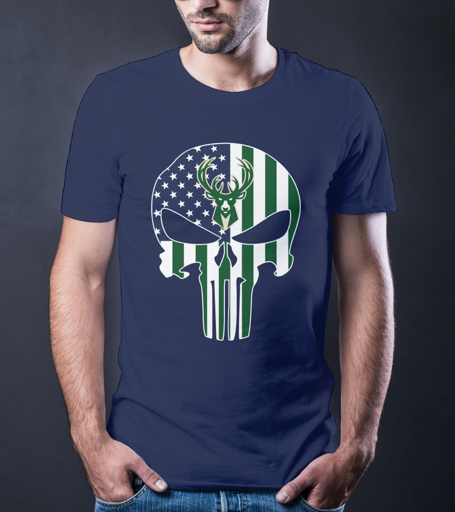 Milwaukee Bucks Punisher Skull American Flag Deer T-Shirt