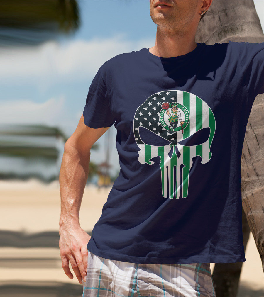 Boston Celtics Punisher Logo American Flag Skull T-Shirt