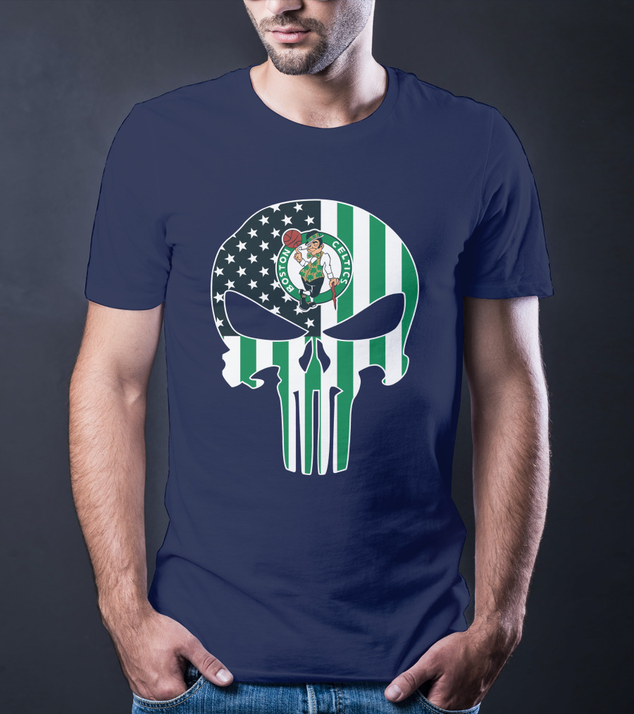 Boston Celtics Punisher Logo American Flag Skull T-Shirt