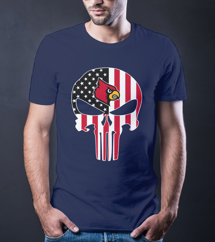 American Flag Punisher Skull Louisville Cardinals T-Shirt