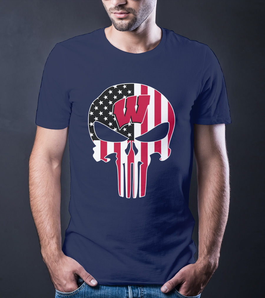 Wisconsin Badgers Punisher Skull American Flag T-Shirt