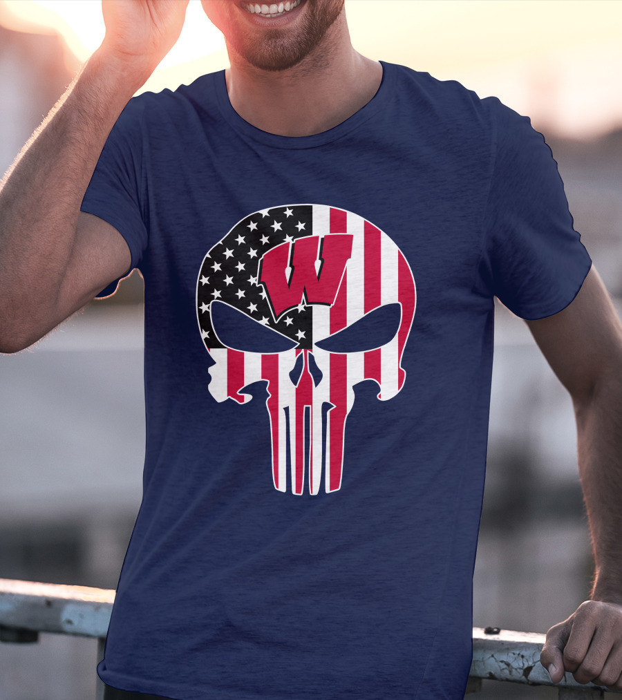 Wisconsin Badgers Punisher Skull American Flag T-Shirt