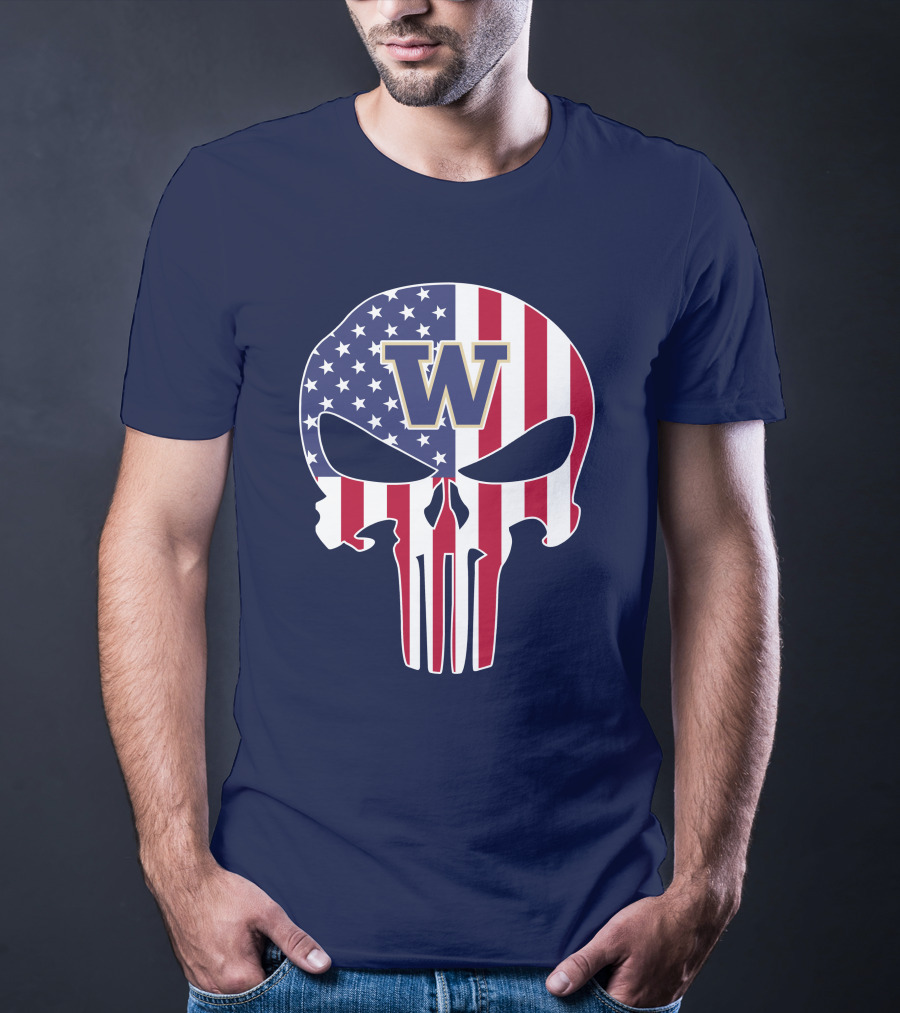 Washington Huskies The Punisher American Flag Skull W T-Shirt
