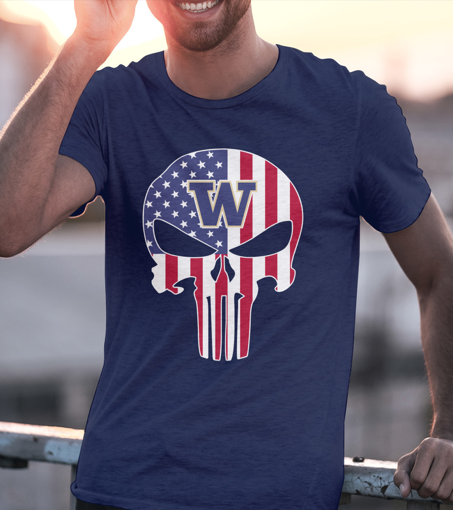 Washington Huskies The Punisher American Flag Skull W T-Shirt