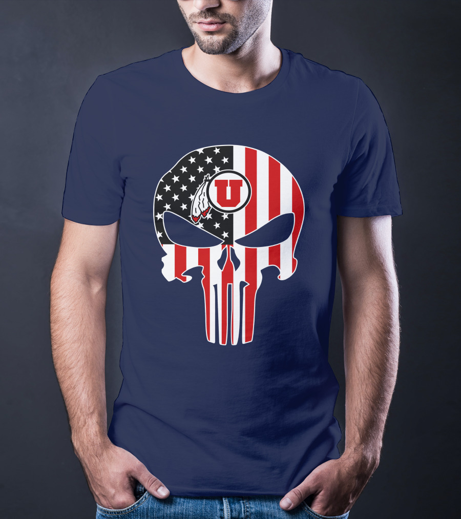 Utah Utes U Logo Punisher Skull American Flag T-Shirt