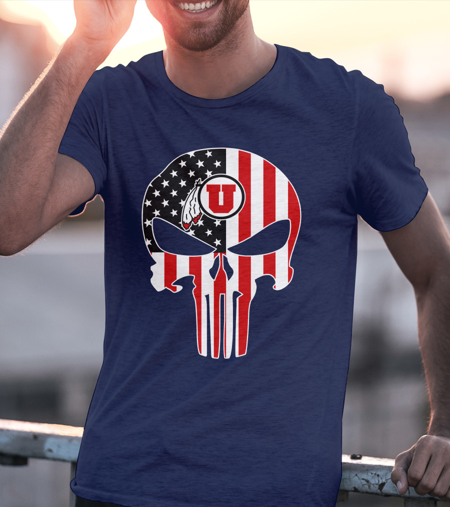Utah Utes U Logo Punisher Skull American Flag T-Shirt