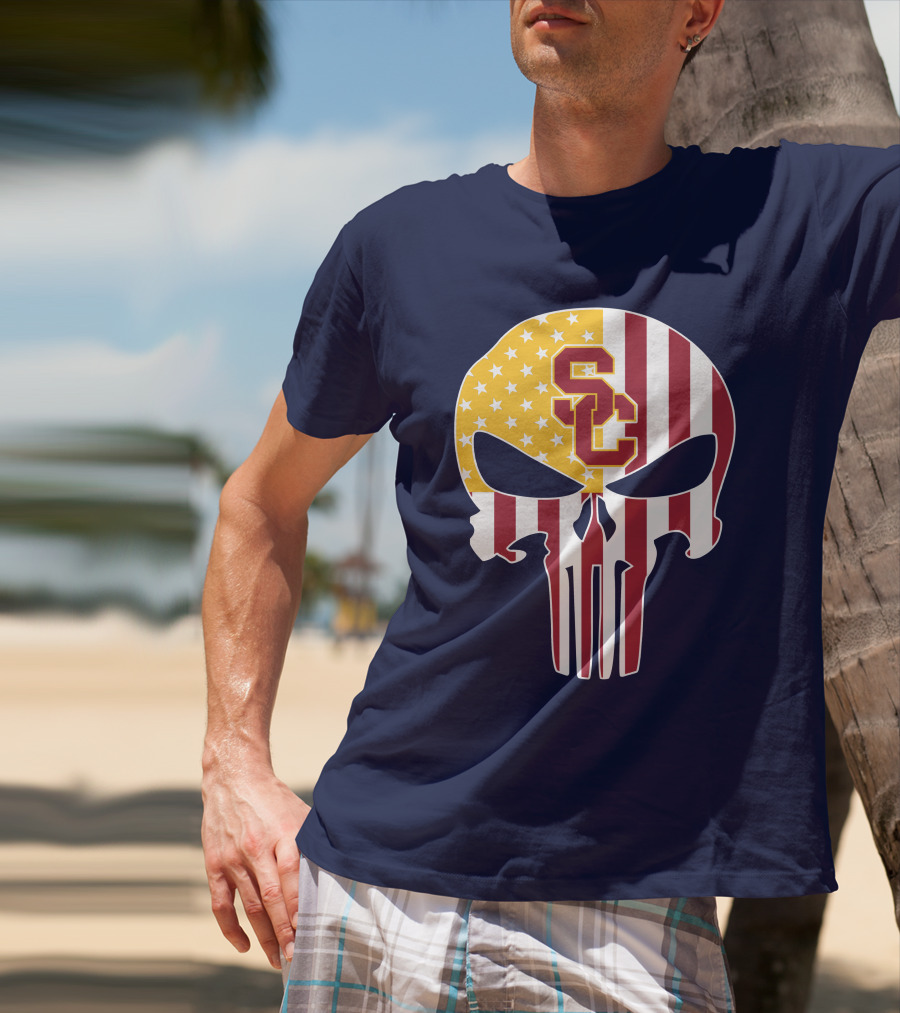 Usc Trojans Skull Punisher American Flag T-Shirt