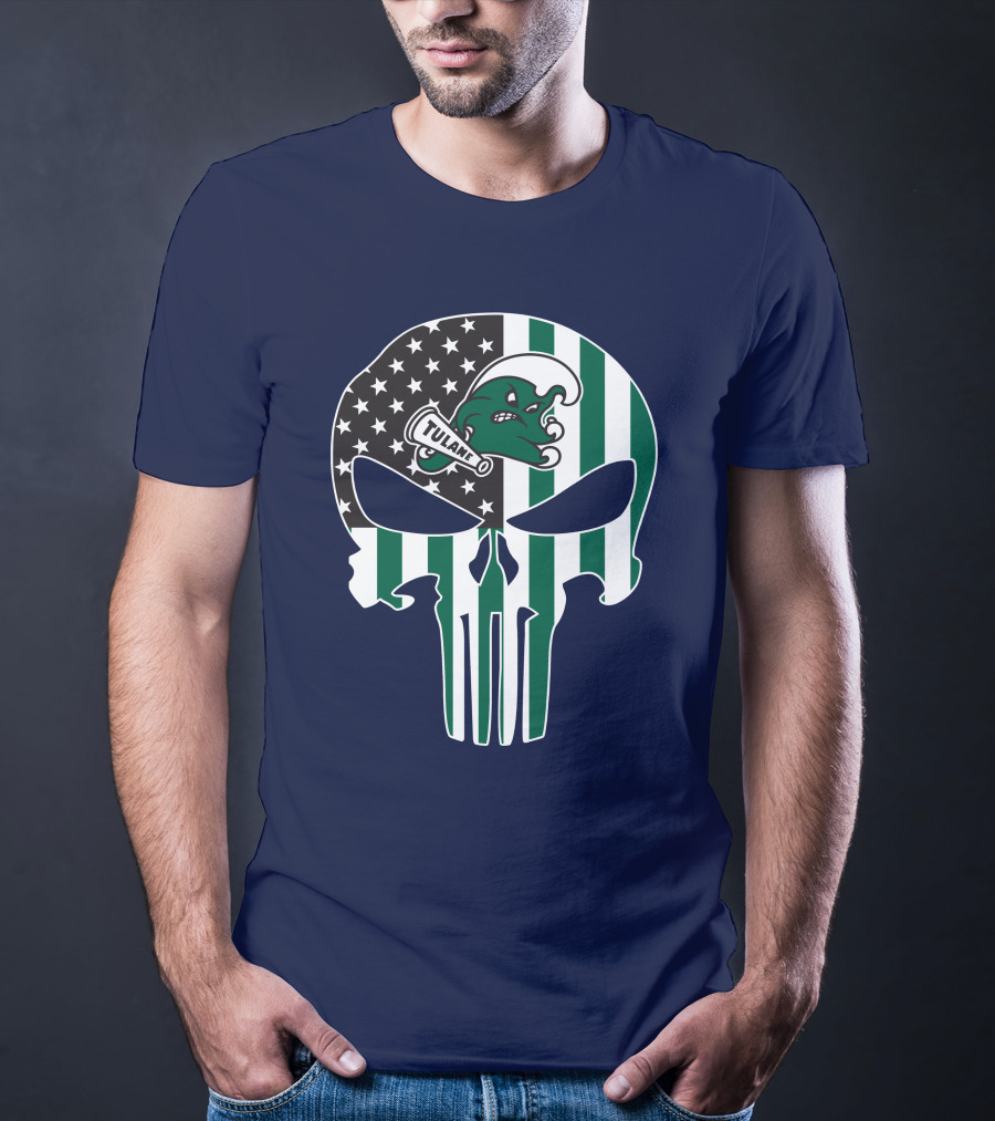 Tulane Green Wave 16 Punisher Flag Skull T-Shirt