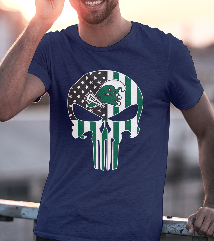 Tulane Green Wave 16 Punisher Flag Skull T-Shirt
