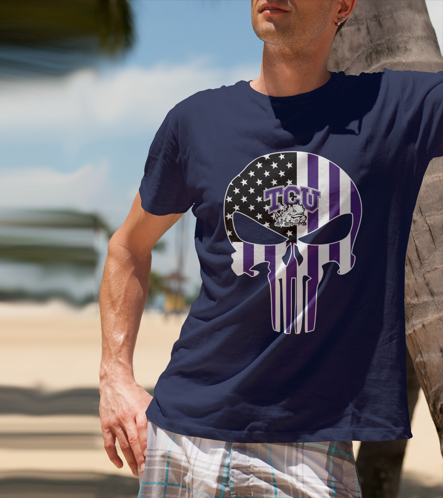 Tcu Horned Frogs Logo With American Flag Punisher Skull T-Shirt