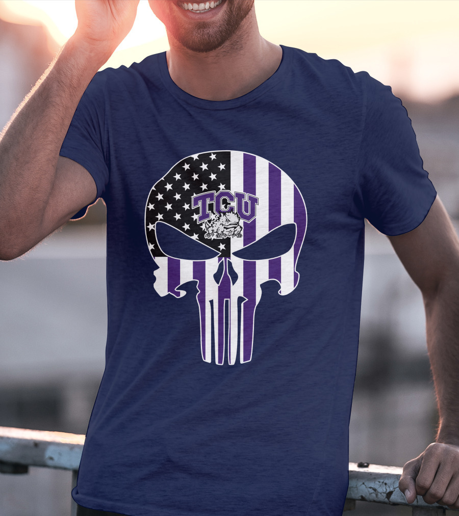 Tcu Horned Frogs Logo With American Flag Punisher Skull T-Shirt