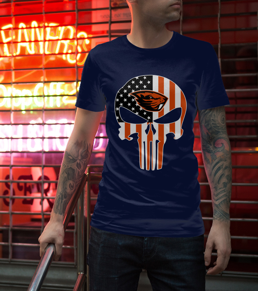 Oregon State Beavers American Flag Skull Logo Punisher 29 T-Shirt