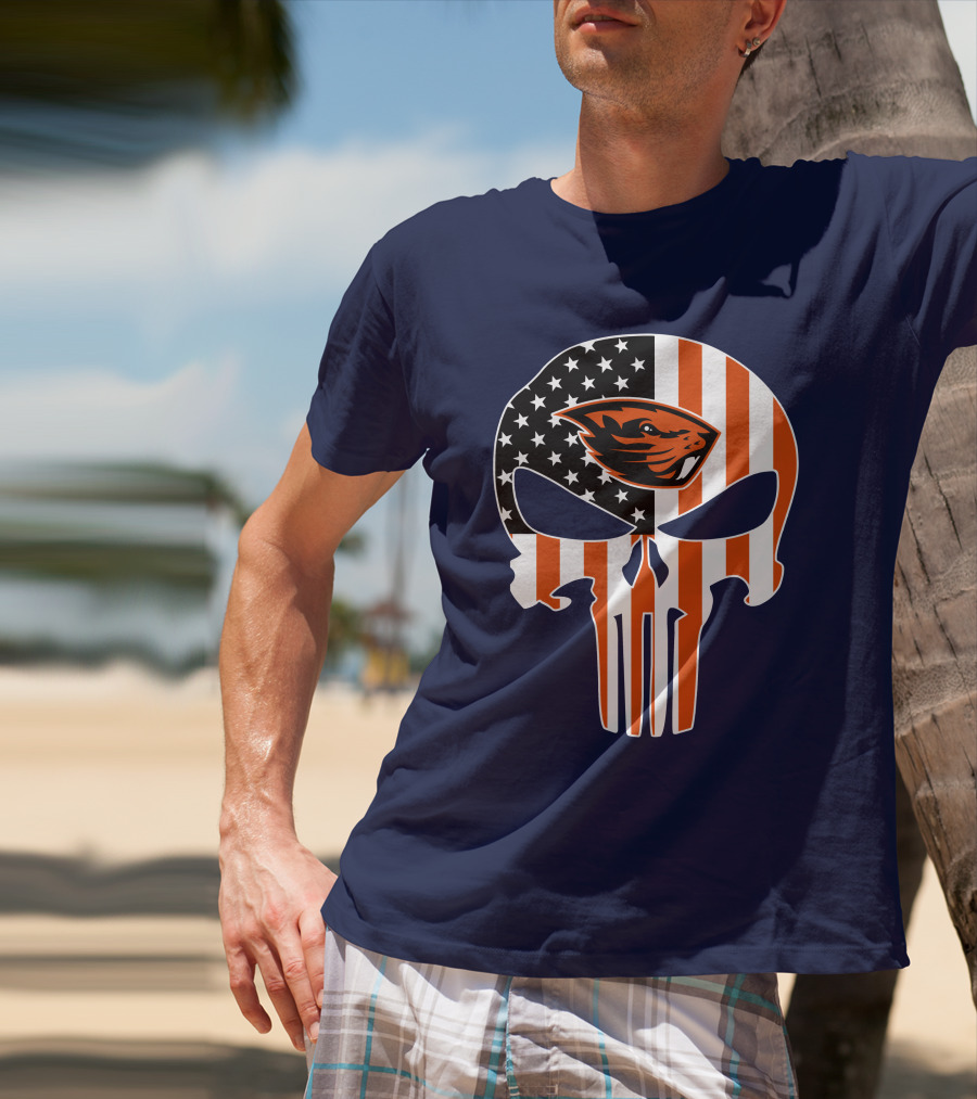 Oregon State Beavers American Flag Skull Logo Punisher 29 T-Shirt
