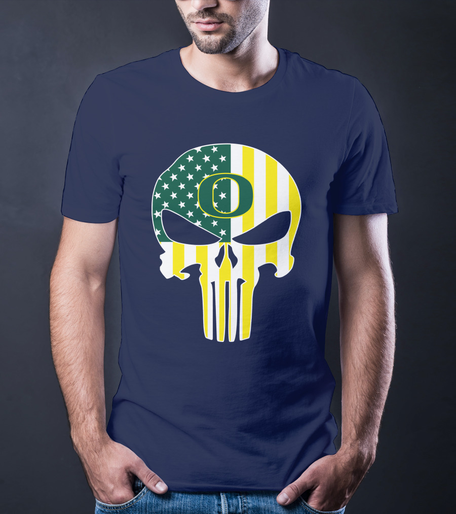 Oregon Ducks Punisher Skull American Flag T-Shirt