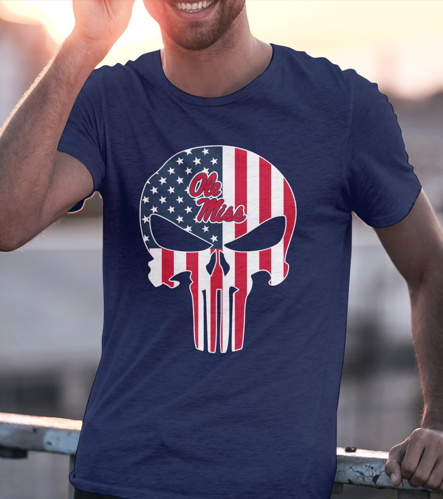 Ole Miss Rebels American Flag Punisher Skull T-Shirt