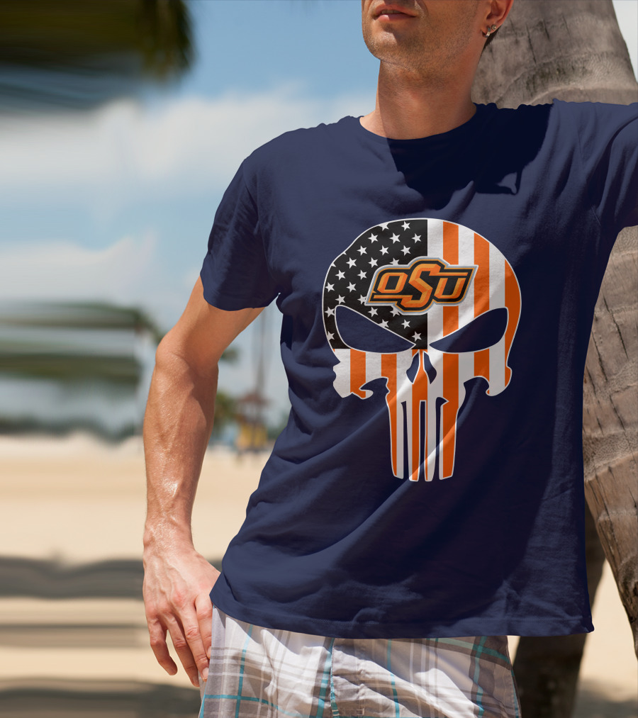 Oklahoma State Cowboys 32 Punisher Skull Osu American Flag T-Shirt