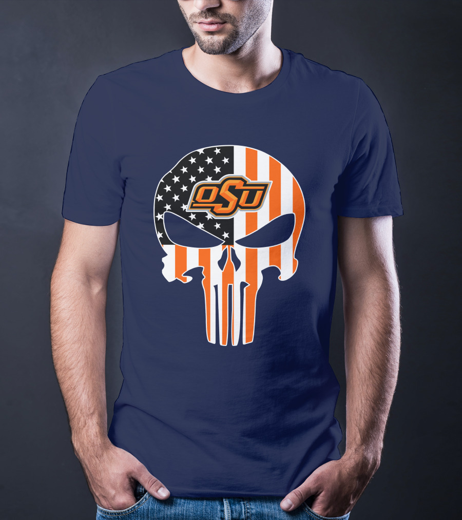 Oklahoma State Cowboys 32 Punisher Skull Osu American Flag T-Shirt