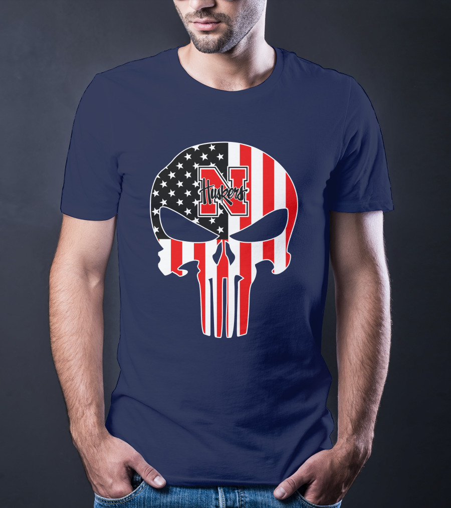 Nebraska Cornhuskers Punisher Skull American Flag T-Shirt
