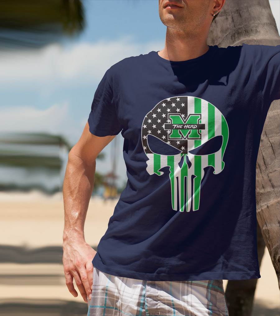 Marshall Thundering Herd The Punisher American Flag Skull T-Shirt