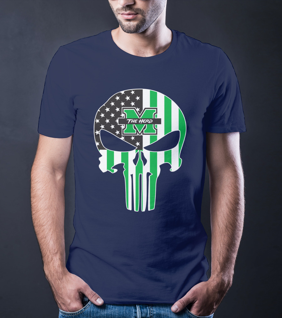 Marshall Thundering Herd The Punisher American Flag Skull T-Shirt