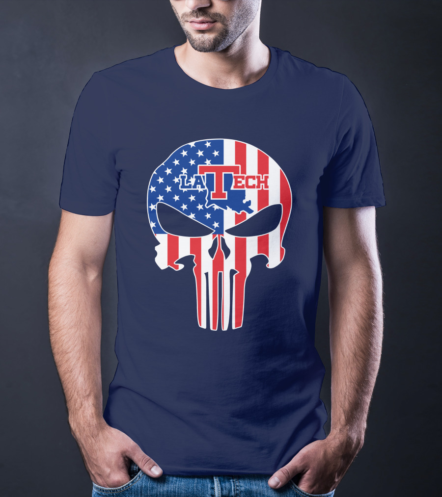 Louisiana Tech Bulldogs La Tech Skull American Flag Punisher T-Shirt