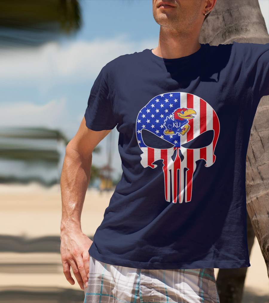 Kansas Jayhawks The Punisher American Flag Skull T-Shirt