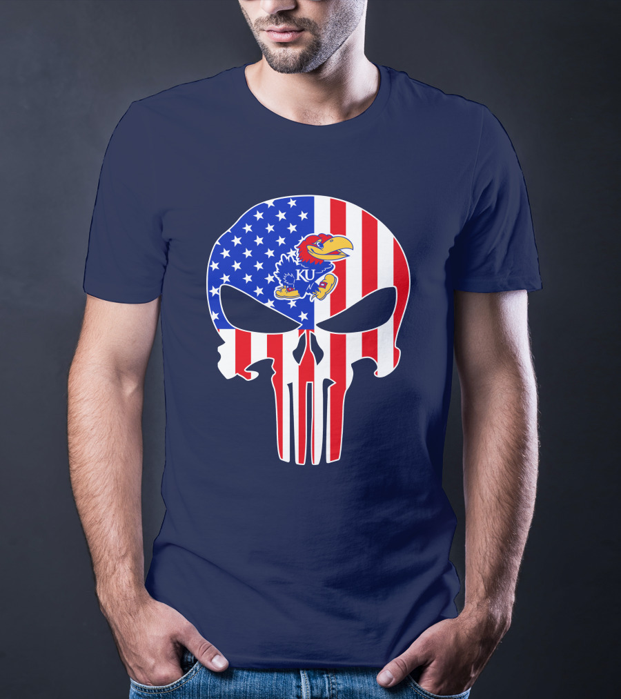 Kansas Jayhawks The Punisher American Flag Skull T-Shirt