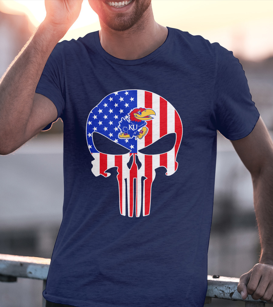 Kansas Jayhawks The Punisher American Flag Skull T-Shirt