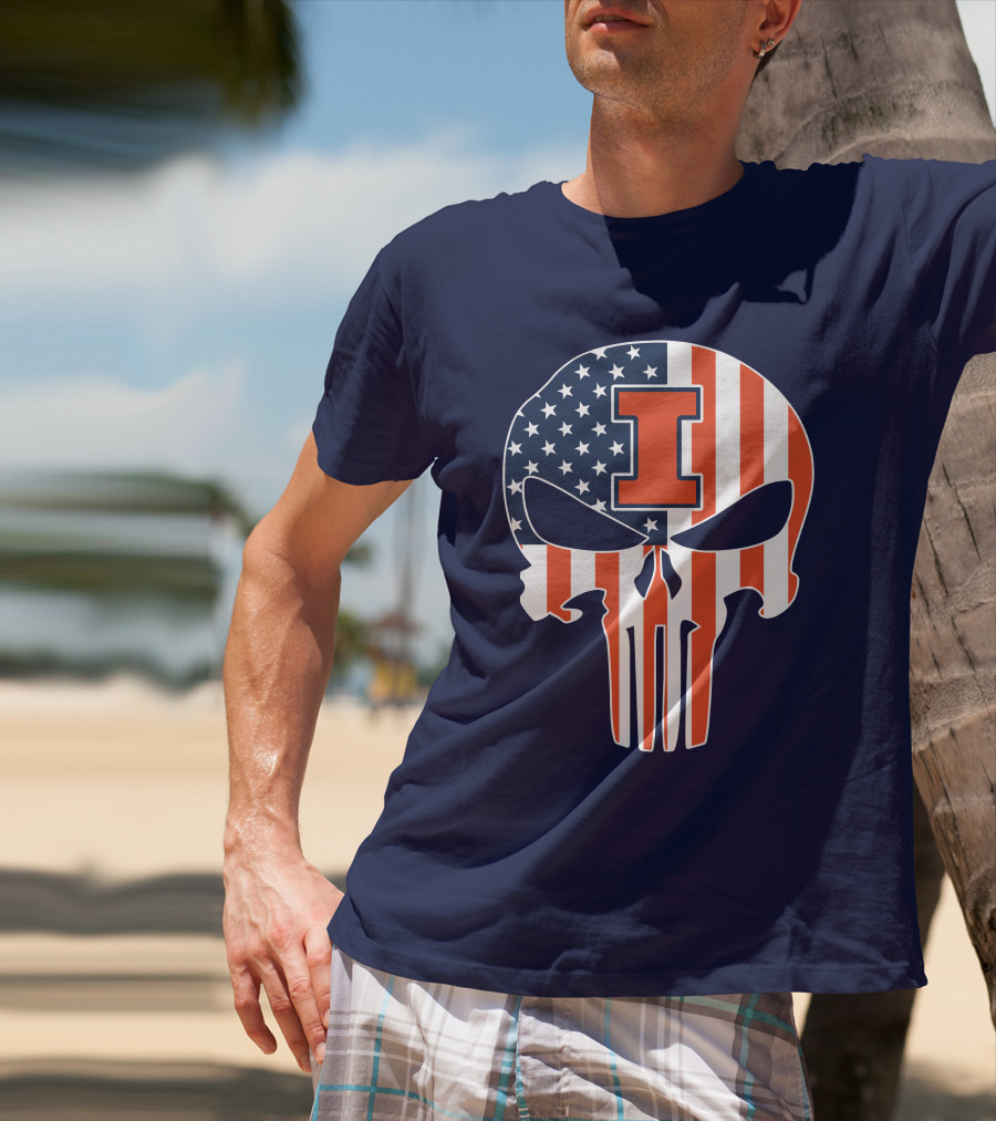 Illinois Fighting Illini Skull Punisher American Flag I T-Shirt