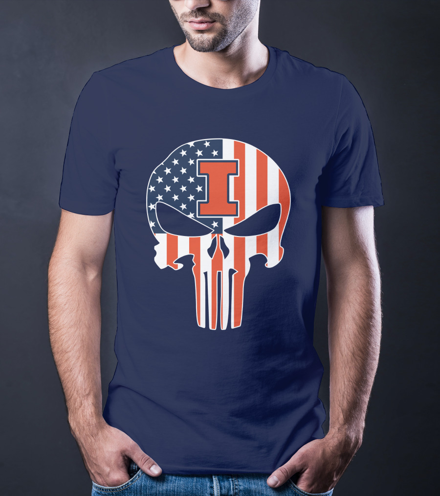 Illinois Fighting Illini Skull Punisher American Flag I T-Shirt