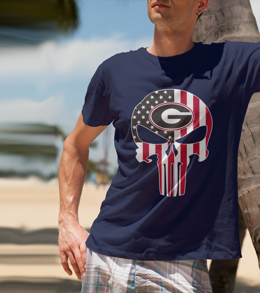 Georgia Bulldogs Punisher Skull American Flag 52 T-Shirt