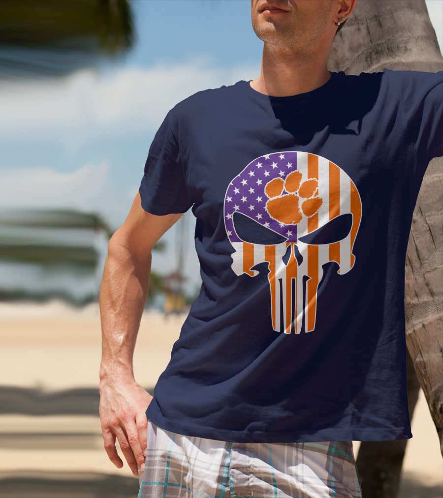 Clemson Tigers The Punisher American Flag Skull Paw T-Shirt